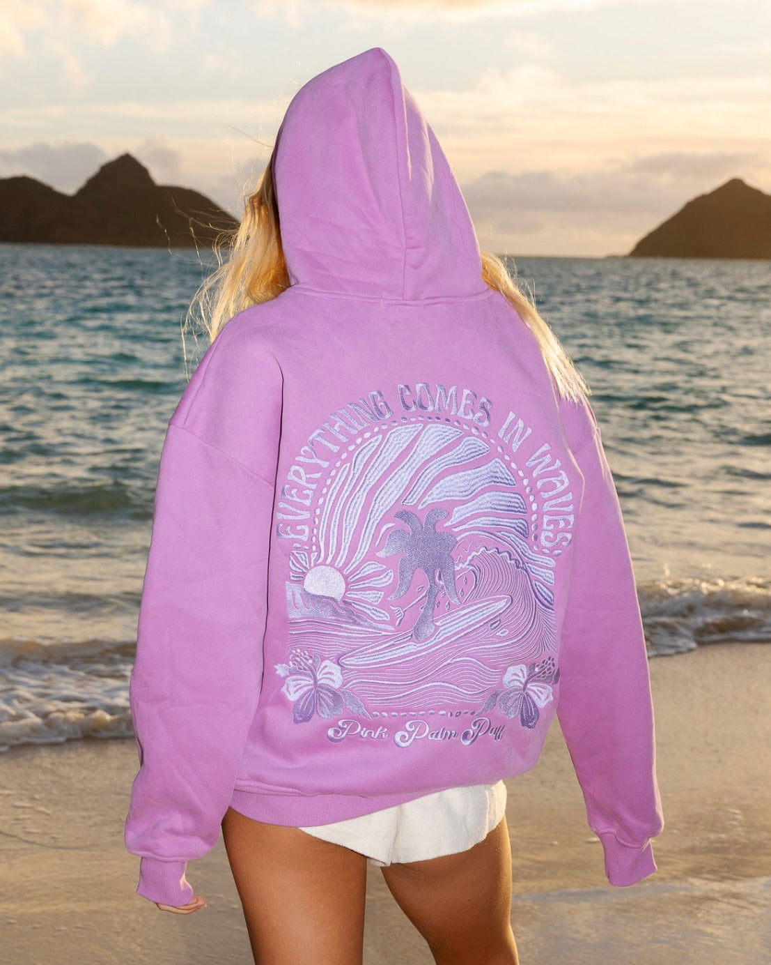 Everything Comes in Waves Hoodie with Embroidery | Pink Palm Puff