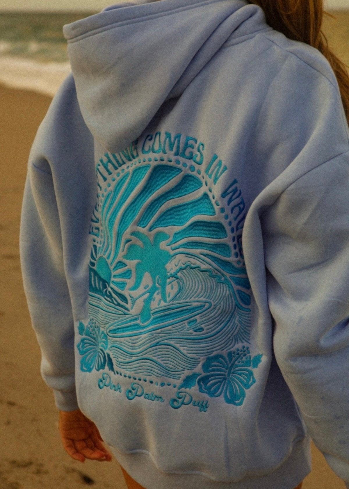 Blue Embroidered Hoodie with "Everything Comes in Waves" Design | Pink Palm Puff