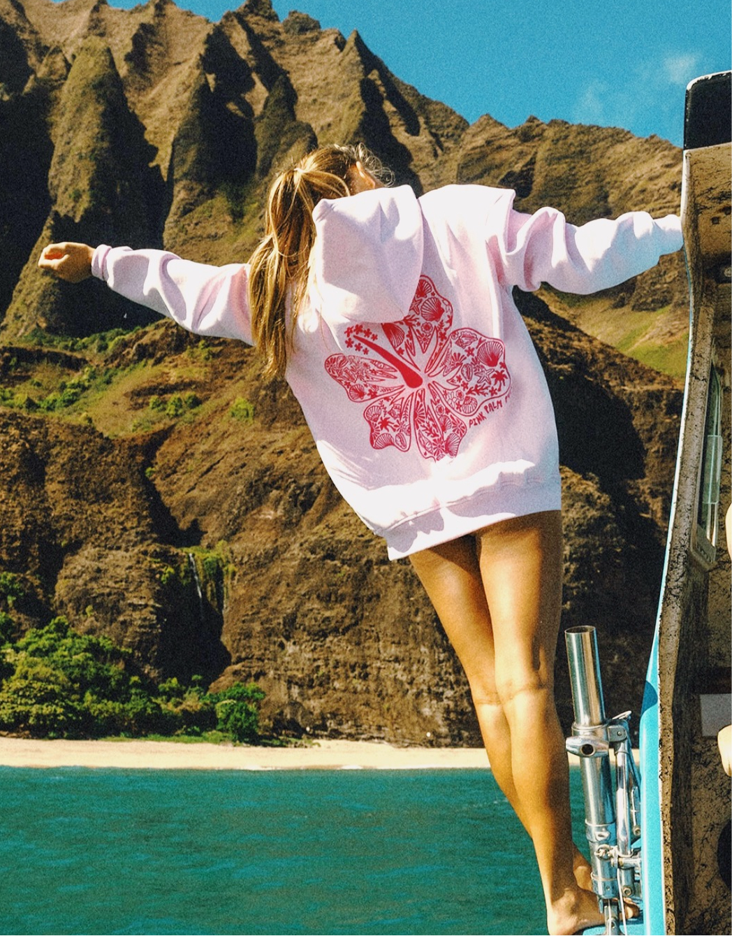 Hawaii Hibiscus Hoodie in Blush | Pink Palm Puff