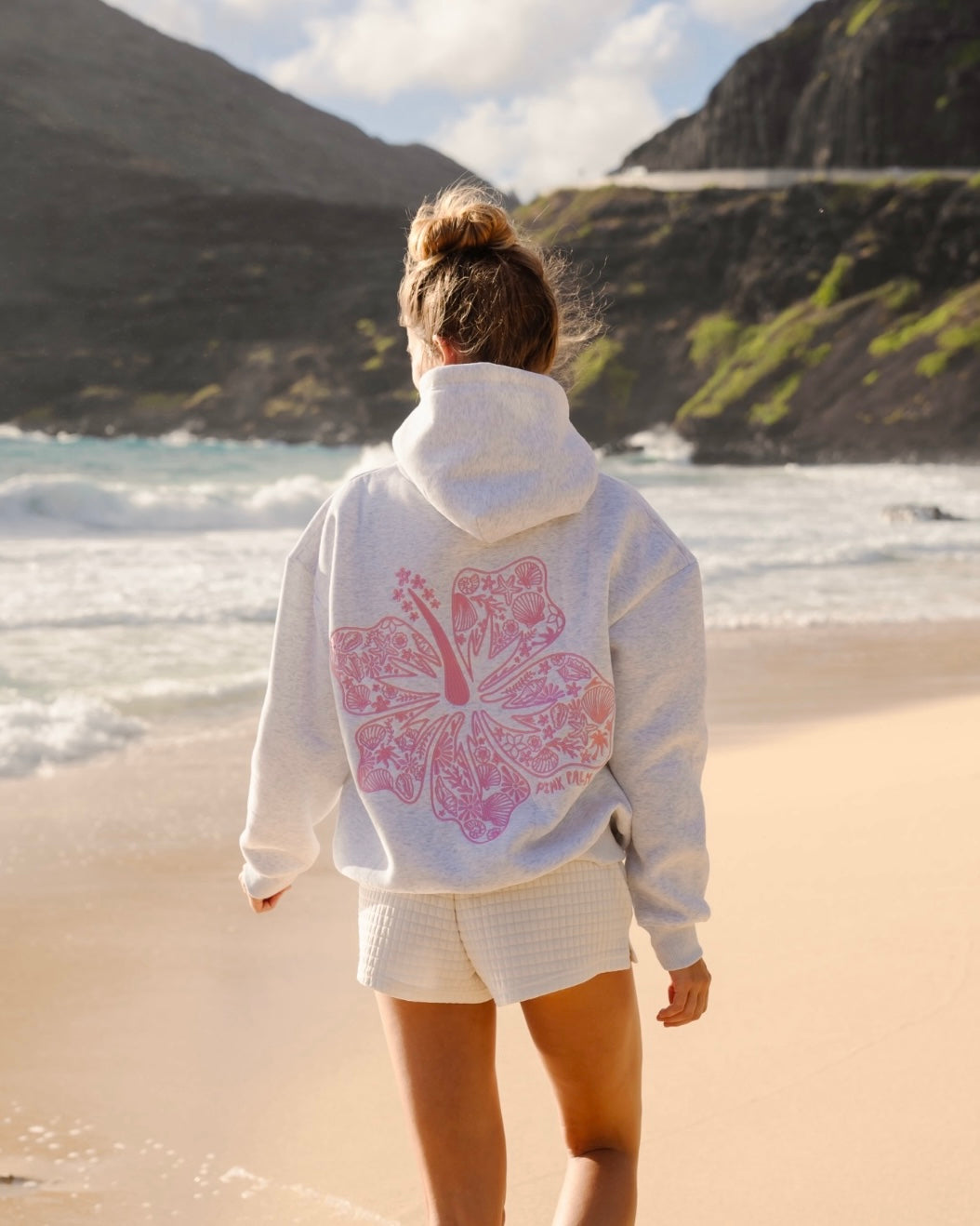 Hawaii Hibiscus Hoodie in Heather Cloud | Cozy Embroidered Pullover