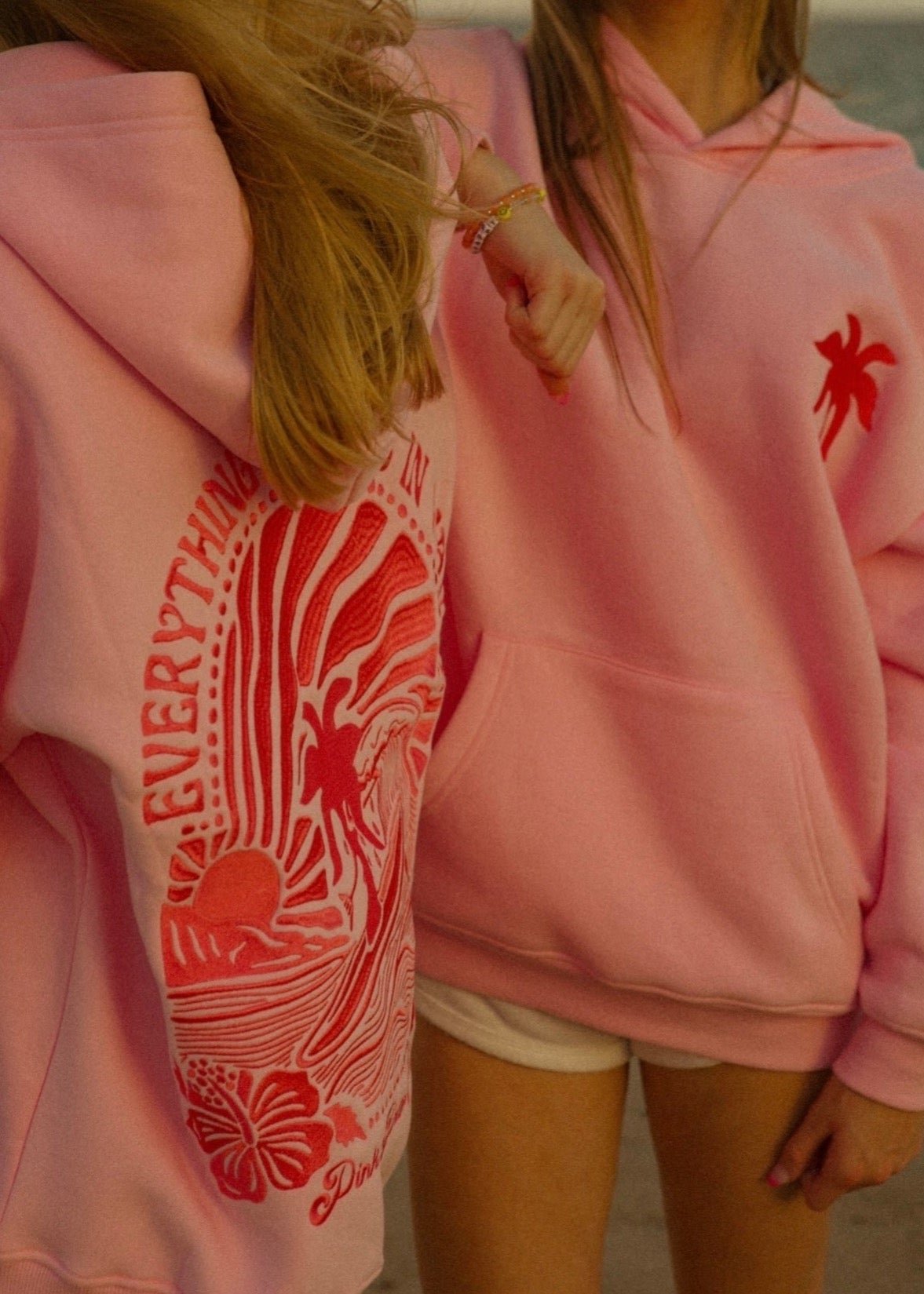 Pink Embroidered Hoodie with 'Everything Comes in Waves' Design | Pink Palm Puff